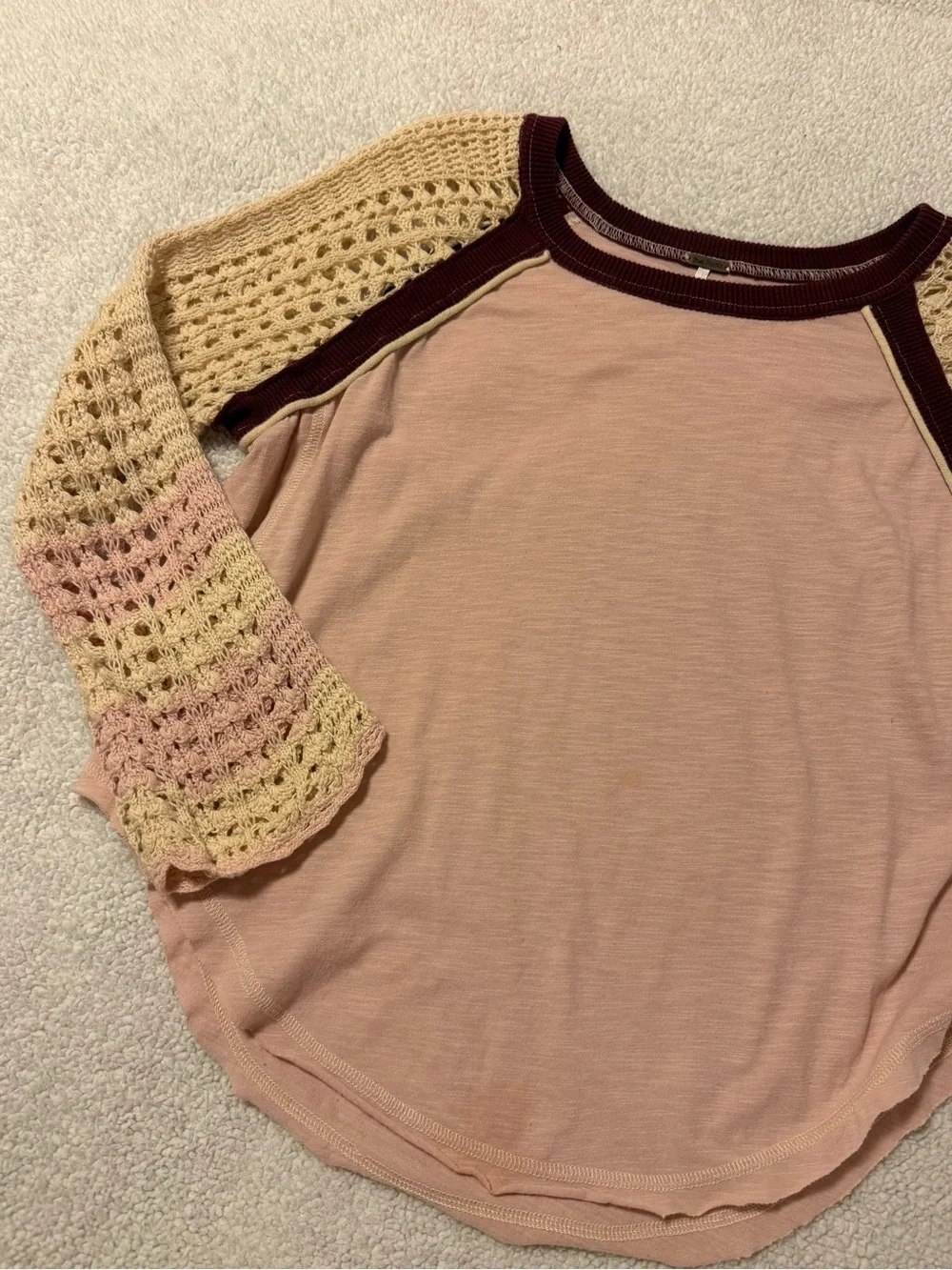 Free People Finders Keepers Rose Pink Cream Crochet Raglan Sleeve Boho Top S